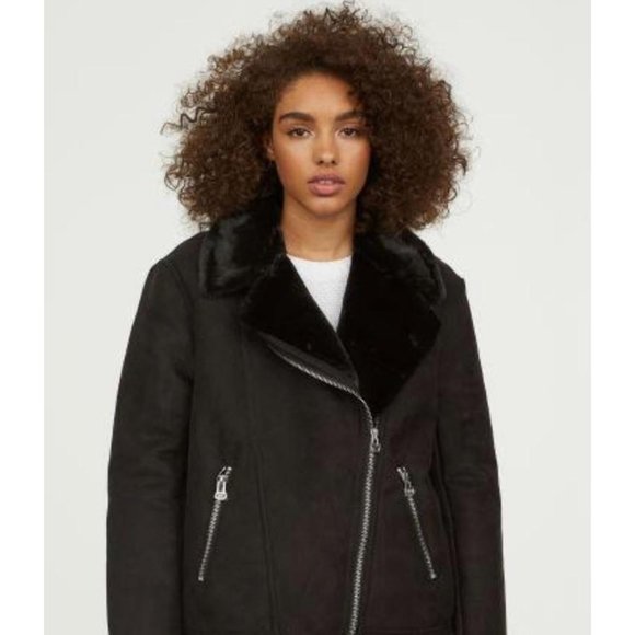 H&M Jackets & Blazers - H&M black faux fur aviator biker jacket Sz 6